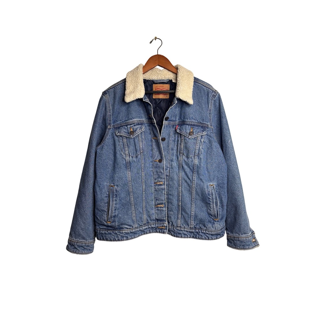 Levis Womens Plus 2X Denim Trucker Jacket Sherpa Collar Quilted Lining Blue